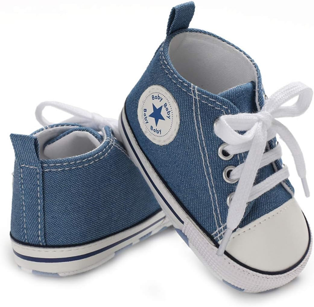 Unisex Baby Boys Girls High Top Sneaker Soft Anti-Slip Sole Newborn Infant First Walkers Canvas Denim Shoes